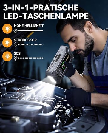 Портативний пусковий пристрій 8000A з повітряним компресором 160 PSI для бензинових та дизельних двигунів (до 10л), з дисплеєм та аварійною світлодіодною лампою