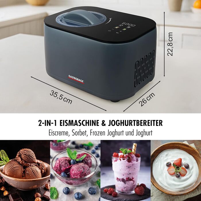 GASTROBACK Міні морозивомашина з компресором 2-в-1: морозиво та йогурт для дому, 100 Вт
