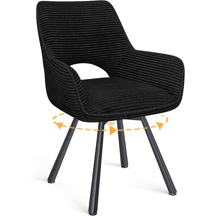 Ессі стільці 4 шт. поворотні 360°, з підлокітниками, металеві ніжки, для їдальні, вітальні, кухні, м'які, оксамитові, бежеві (1 поворотний, чорний)