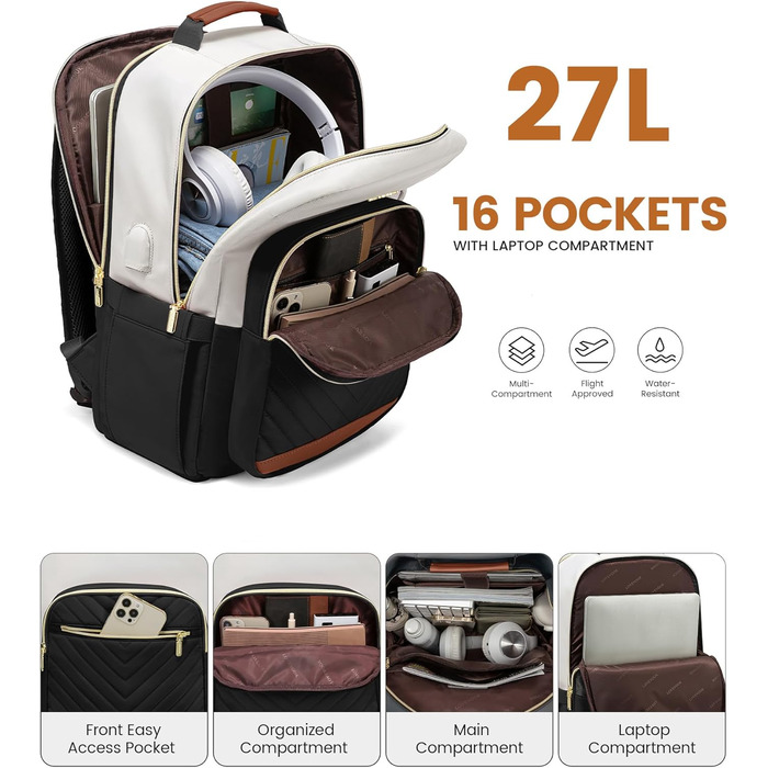 LOVEVOOK Рюкзак для жінок, великий, 15.6 дюймів, сумка для ноутбука, водонепроникний, шкільний рюкзак, для дівчаток-підлітків, чорний, елегантний, для роботи, навчання, подорожей (15.6 дюймів, бежево-чорний-коричневий)