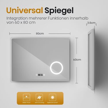 EMKE® LED дзеркало для ванної кімнати 80x60 см з підсвічуванням, сенсорне, регулювання яскравості, протитуманне, 3 кольори світла, годинник, IP44