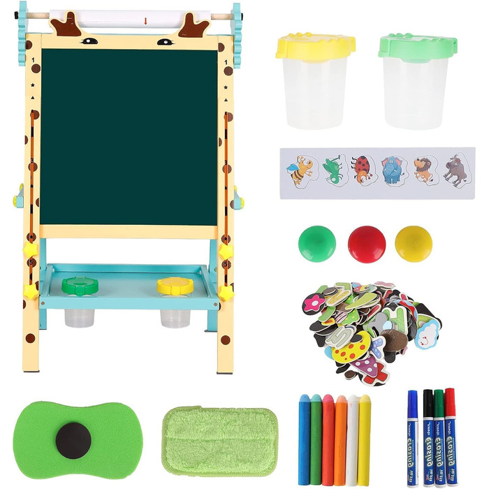 Дитяча мольберт Kinder-Kunst з підставкою для рулонів паперу, двосторонній, регульована висота 81–110 см, дошка для маркерів та крейди, мольберт-підставка з цифрами та аксесуарами, набір для малювання для малюків