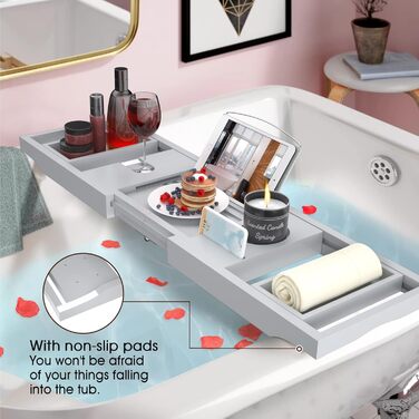 Підставка для ванни Artmalle, складана бамбукова підставка для ванни з тримачем для книги та келиха, безкоштовна мильниця, для розслаблення та читання, натуральний бамбук (сірий, складна)