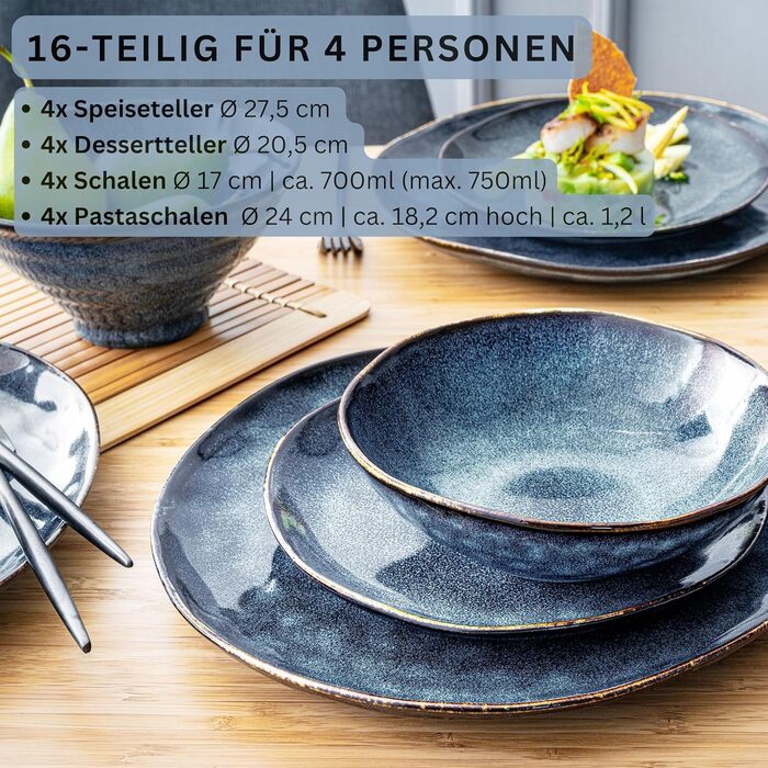 Sänger Tafelservice Tokio 24 елементи: набір посуду з 24 предметів для 8 осіб, столовий сервіз з каменю, сучасний ручної роботи, темно-синій з чорними акцентами | PREMIUM COLLECTION