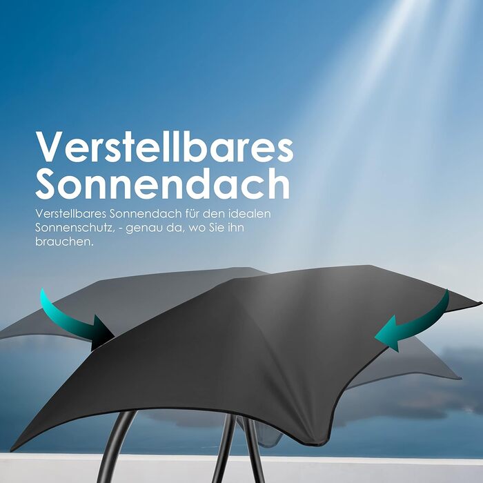 Кесер® Плетене крісло-гойдалка з сонцезахисним козирком, 194x100 см, до 120 кг, з подушкою для шиї та сумкою, антрацит