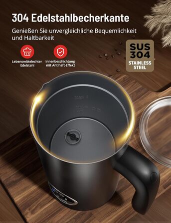 Електричний спінювач молока PARIS RHÔNE 4-в-1, 300 мл, індукція, антипригарне покриття, бездротовий, для гарячого та холодного молока (чорний)
