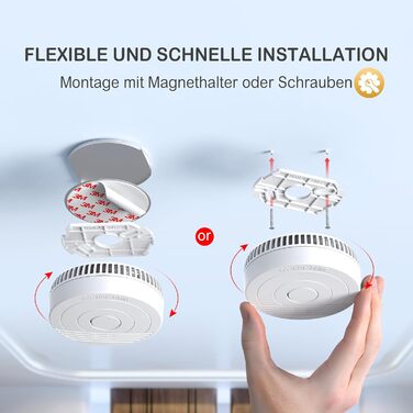 Датчик диму GS536GC з магнітною кріпленням, 5 шт. - Пожежний детектор з фотоелектричним сенсором, сертифікований DIN EN14604, 85 дБ