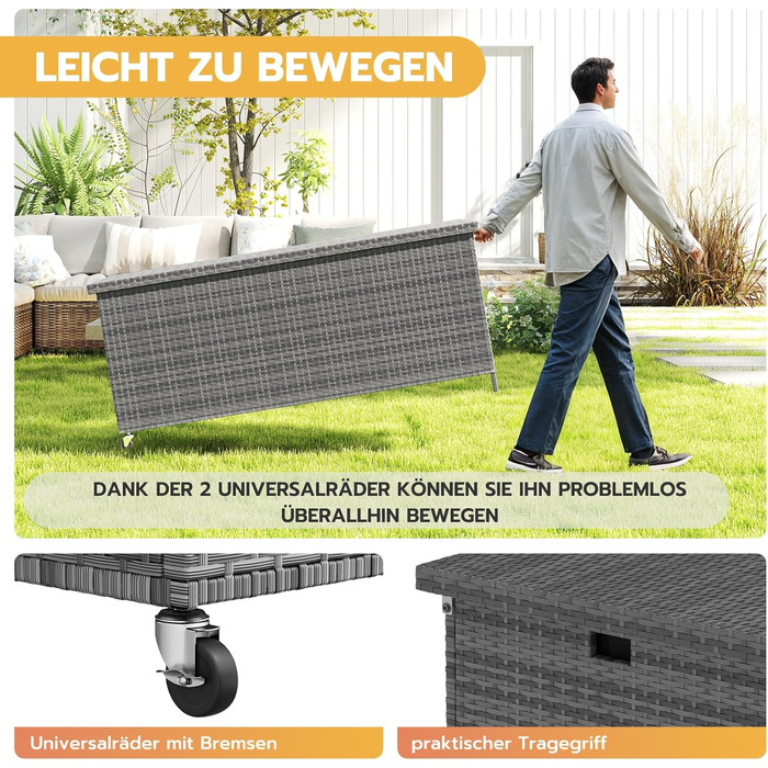 Водонепроникний садовий ящик для зберігання UDPATIO 480л з колесами, сірий 138x61 см | Ящик для подушок, стійкий до УФ-випромінювання та погодних умов для саду, балкону