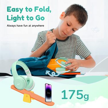 Навушники EarFun Kids Bluetooth, 85/94 дБ, звук HiFi, 40 годин автономної роботи, складні, зелені