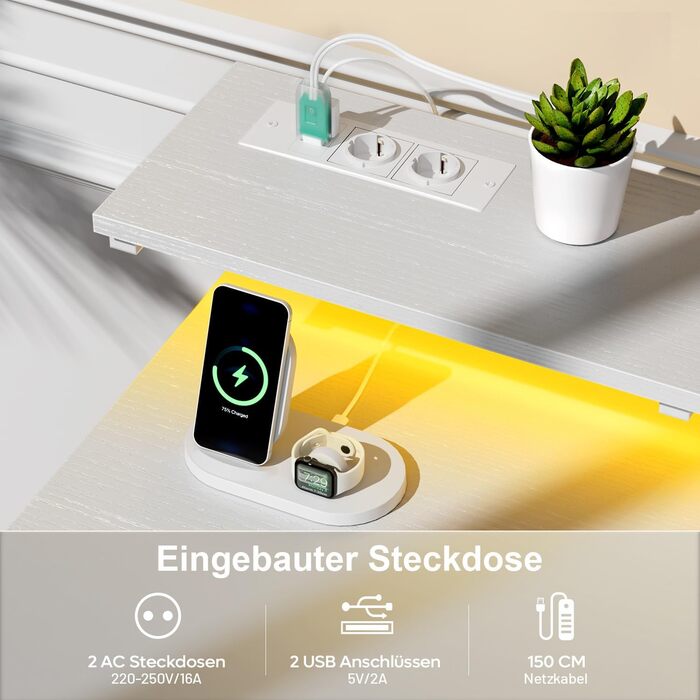 Комп'ютерний стіл з 8 висувними ящиками, 2 розетками та USB-портами, LED-підсвічуванням та підставкою для монітора, 120 x 50 x 74 см, білий