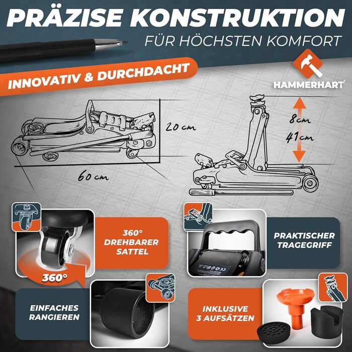 Гідравлічний домкрат HAMMERHART 3T з низьким профілем, 75-505мм, колеса 360°, подвійний поршень, гумові накладки, T-ручка - перевірена якість TÜV