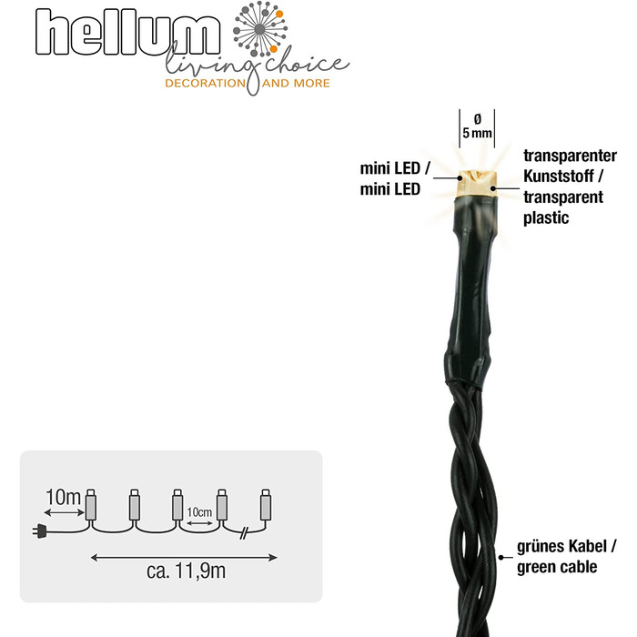 Світлодіодна гірлянда HELLUM зовнішня з таймером I 19,9 М 200 світлодіодів I тепла Біла гірлянда I Світлодіодна гірлянда з живленням від вилки I освітлення різдвяної ялинки з зеленим проводом I 577389 (теплий білий світ / зелений провід, 120 світлодіодів 