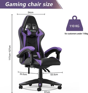 Ігровий крісло Bigzzia Ergonomічне, для підлітків та дорослих, з підголовником та підлокітниками (фіолетовий)
