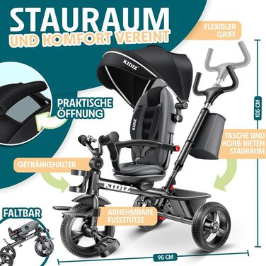 Триколісний велосипед KIDIZ 6-в-1 з ручкою, кошиком, сонцезахисним козирком до 25 кг (Чорний)