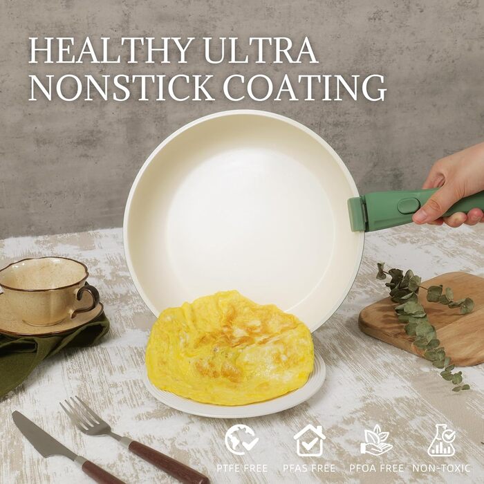 Набір каструль та сковорідок з керамічним покриттям 8 предметів з знімними ручками, сумісний з індукцією, придатний для духовки та миття в посудомийній машині, без PFAS/PFOA, кремово-білий