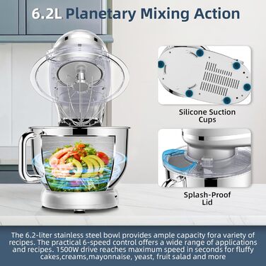 Кухонна машина Cheflee 2000W з місткою чашею 6.2L з нержавіючої сталі, 6 швидкостей, низький шум, набір насадок (міксер, гак для тіста), захист від бризок