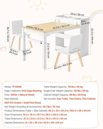 Дитячий стіл VEVOR з 2 стільцями та шафкою 3 ящики, набір для малювання, читання, письма, ігор, дитяча кімната, дитячий садок, білий + натуральне дерево, сучасний дизайн