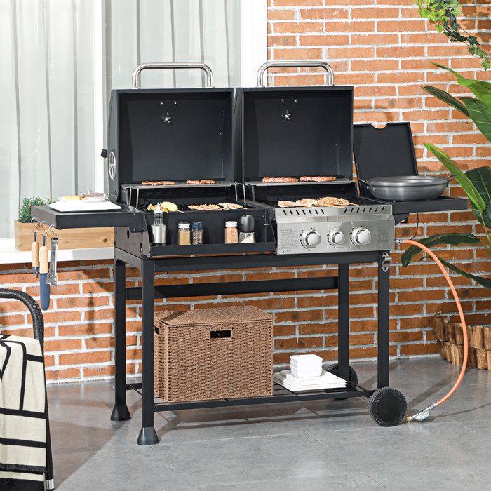 Outsunny Grillwagen Gasgrill з 2+1 пальником, термометром, 3 кВт вугільним грилем з полицею, бічною підставкою, гачками, гриль для кемпінгу зі шлангом для саду, балкону, чорний | Aosom