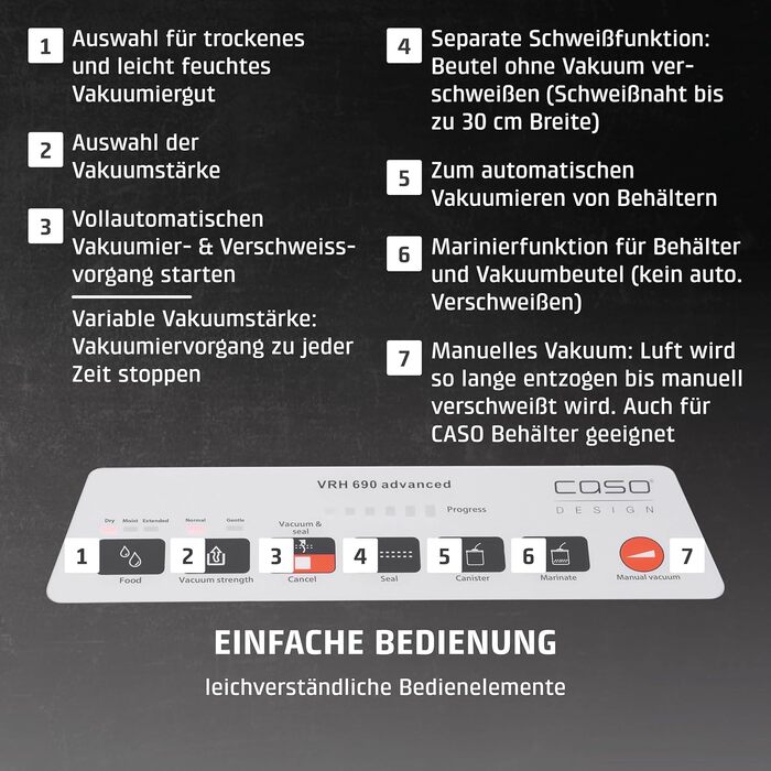 Вакууматор для продуктів CASO VRH 690 advanced: професійний вакуумний пакувальник, 20 л/хв, подвійний шов, вбудований різак, 150 циклів безперервно, з 2 рулонами плівки