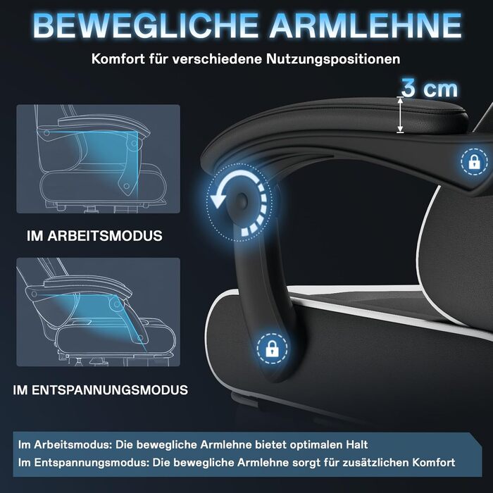 Крісло геймінгове, офісне з підніжкою, ергономічне, регулювання спинки 90-135°, вантажопідйомність 150 кг, біле
