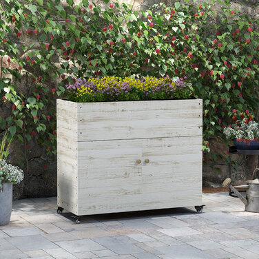 Підвищене грядка на колесах, з полицею, внутрішнім покриттям, ефект потертостей, 110x50x95 см, білий