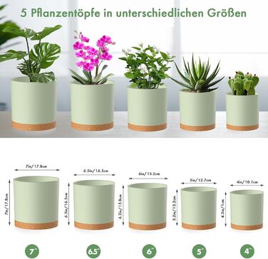 Набір горщиків для квітів 5 шт. з підставками, 17.8/15.2/14/12.7/10.2 см, пластикові, для гідропоніки, внутрішнього та балконного озеленення, зелені з коричневим піддоном