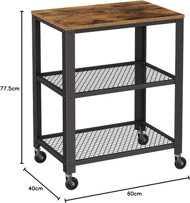 Сервісний столик VASAGLE з 3 ярусами, вінтажний, рустикальний, з роликами, для кухні та вітальні, міцний, з дерев'яною платформою, LRC78X