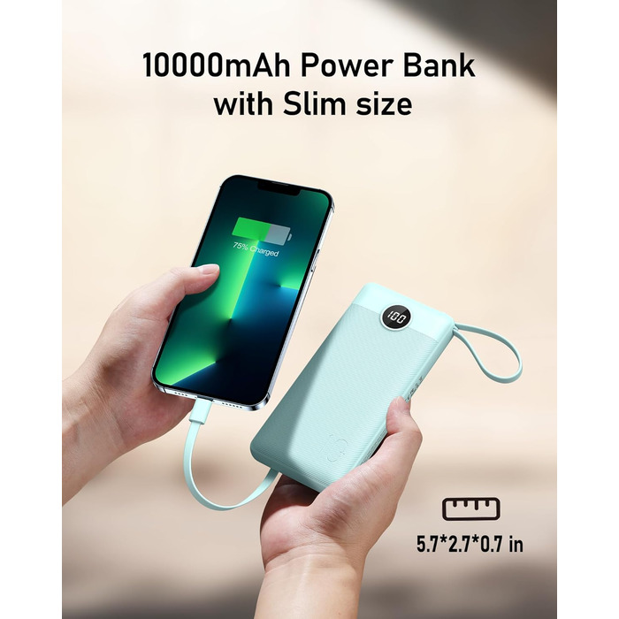 З кабелем, 5 виходами, LED-дисплеєм, сумісний з iPhone/Samsung тощо., 10000mAh