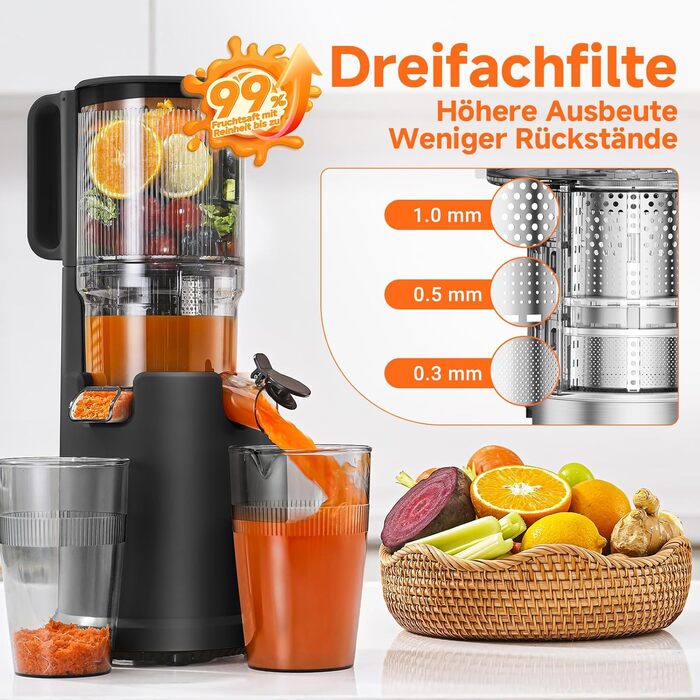 AOBOSI Повільнодіючий соковитискач з великою завантажувальною воронкою 135 мм, 200 Вт, холодний віджим, зворотний хід, потрійний фільтр, BPA-free, тихий, для свіжих соків з фруктів та овочів, чорний