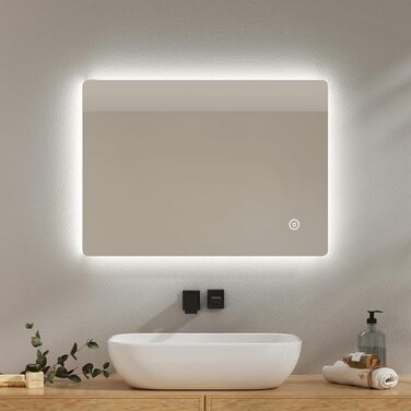 Дзеркало для ванної кімнати EMKE з підсвічуванням 40x60 см, антизапар, 2 кольори світла (тепле/холодне), вимикач-маятник, IP44, енергозберігаюче, захищене від вибуху (70x50 см)