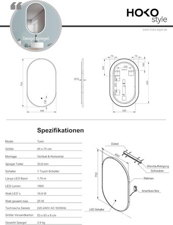 Дзеркало для ванної кімнати LED HOKO Design Turin овальне 45x75 см, чорний матовий каркас, сенсорне керування, зміна кольору світла (тепле/холодне/нейтральне)