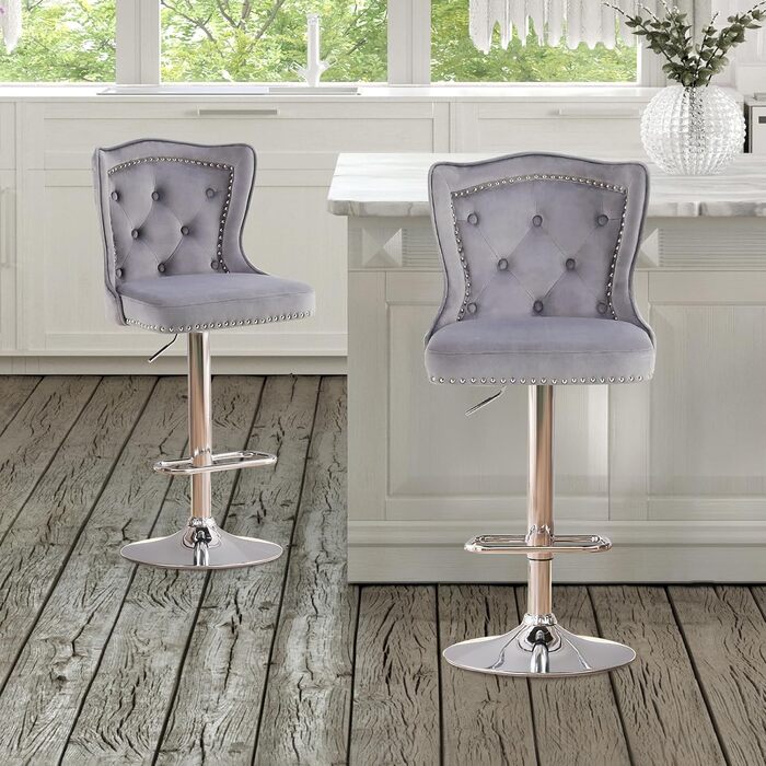 Набір з 2 барних стільців Samt - сучасні стільці для бару з високою спинкою, оббивка велюром, регульована висота, сірий
