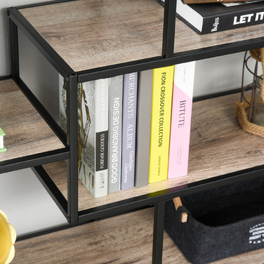 Стелаж Standregal: Промисловий стелаж для книг, документів та кухонного приладдя. Виготовлений з П2 ДСП та металу, комбінація чорного кольору та світлого дуба. Розміри: 120 x 32 x 95 см.