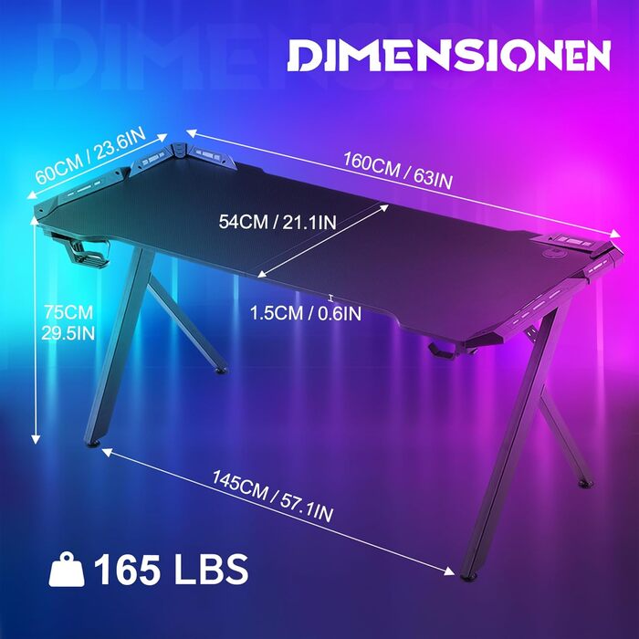 Ігровий стіл YRHome з RGB-підсвічуванням та підставкою для навушників, білий (160x60x75 см)