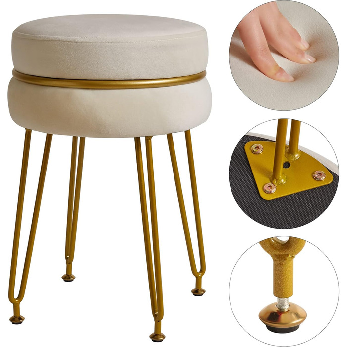 Сучасний оксамитовий пуф з круглим підніжжям IBUYKE, стільчик для макіяжу, пуф з золотими ніжками, декоративний пуф для спальні, вітальні, передпокою, білий L/G-40M з декором кремово-білий