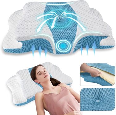 Ортопедична подушка для шиї з Memory Foam, регульована, ергономічна, для комфортного сну, без запаху, блакитна