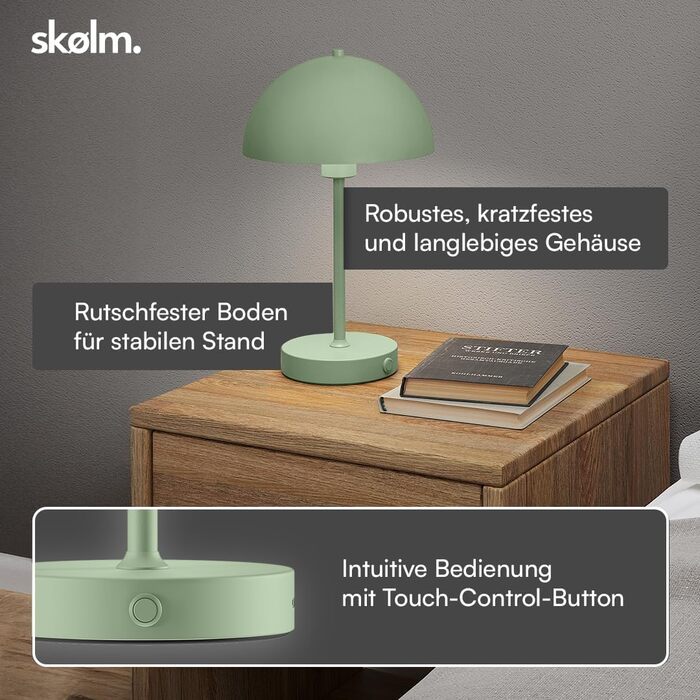 LED настільна лампа Skølm Aeriala: регульоване світло, USB-C зарядка, до 10 годин роботи, металева, тепле біле світло, енергоефективність G (м'ятно-зелена)
