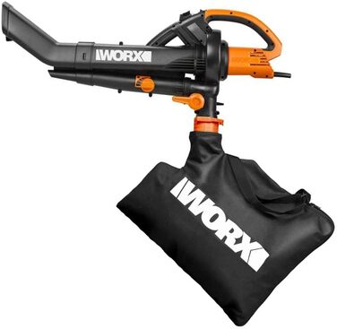 WORX WG505E: Електричний повітродув та пилосос для листя 3000W – 3-в-1 (повітродув, пилосос, мульчер) з мішком 45л – швидкість 335 км/год, об'єм 600 м³/год