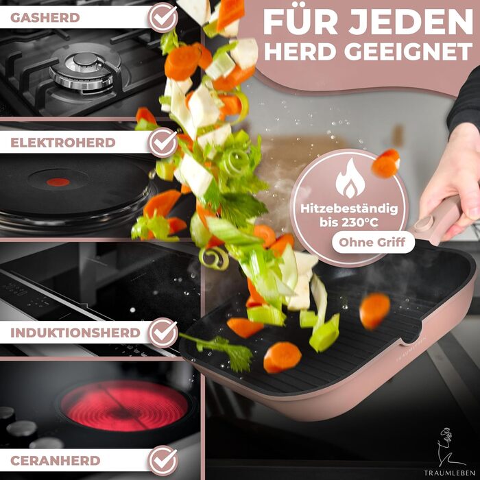 Сковорода-гриль NEU 28 см з виливом та знімним ручками, антипригарне покриття, без PFOA, для індукційних плит, можна використовувати в духовці | сковорода з покриттям для грилю | сковорода для стейків (Рожева)