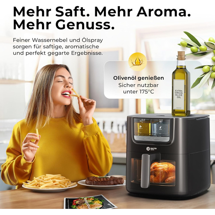 Бальтер Фритюрниця з гарячим повітрям Airfryer 5.5 л, 12 програм, з вікном, 100 рецептів, HL-551T (Чорний)