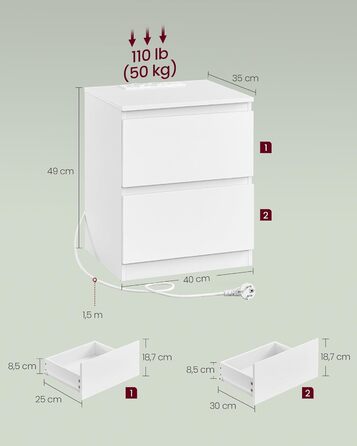 Приліжкова тумбочка VASAGLE Kailyn з розетками, 2 шухляди, 2 AC-розетки, 2 USB-A порти, для спальні, білий колір LET621W02