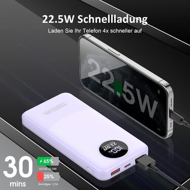 Порти, LED, для iOS/Android, фіолетовий, 10000mAh, 22.5W PD QC 3.0, USB-C, 3