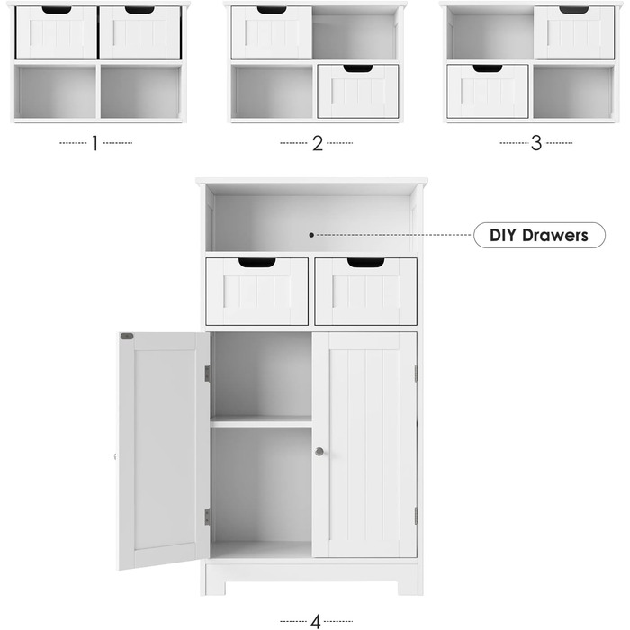 Шафа для ванної кімнати HOCSOK, 2 ящики та 2 дверцята, регульовані полиці, для ванної кімнати, вітальні, спальні, білий