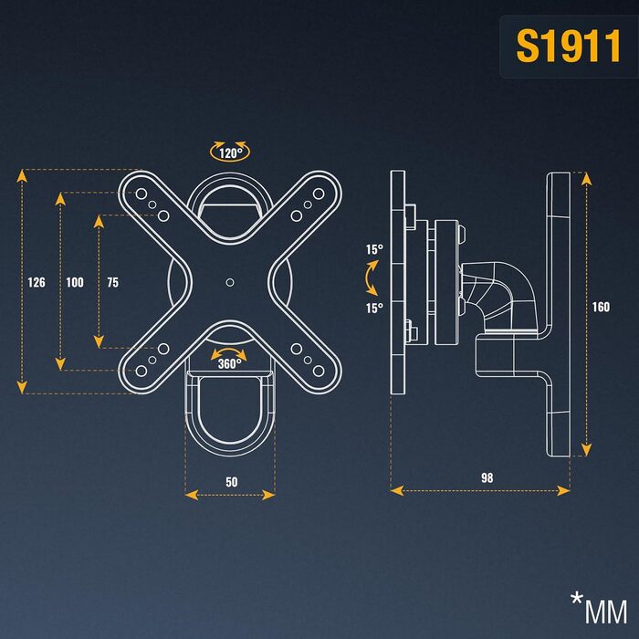 Кріплення для монітора RICOO TÜV сертифіковане, поворотне та нахильне, універсальне, 13-32 дюйми, VESA 75x75, 100x100 мм, до 15 кг, срібний колір