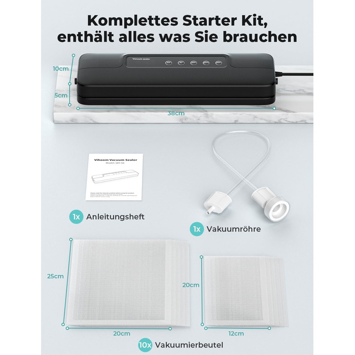 Вакууматор 5 в 1 для продуктів, вакуумний пакувальник з 10 пакетами та шлангом, пристрій для запаювання пакетів (шов 30 см)