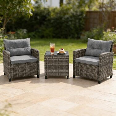 Набір садових меблів LIFEZEAL 3 предмети: 2 крісла та стіл з ротангу PE, скляний столик, подушки для тераси, балкона, саду (Сірий)