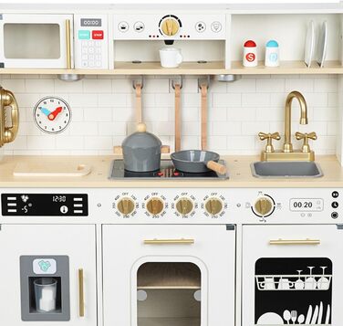 Дерев'яна дитяча кухня Mamabrum з LED-підсвічуванням - ігровий набір кухонь з регульованою висотою, з приготуванням кубиків льоду, мікрохвильовою піччю, плитою та посудомийною машиною. Іграшка для дітей від 3 років