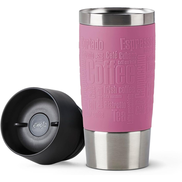 Термокружка Emsa Travel Mug Classic 360 ml, рожевий колір, з рукавом, 360° відкриття, Quick-Press закриття, ізоляція 4 години гаряче, 8 годин холодне