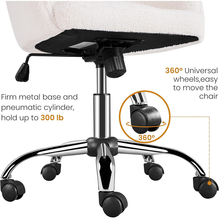 Крісло Yaheetech для дому та офісу: пуф для макіяжу, регульоване по висоті, поворотне, оксамитове, для робочого кабінету, спальні, дихаюче, на коліщатках, до 136 кг, слонова кістка