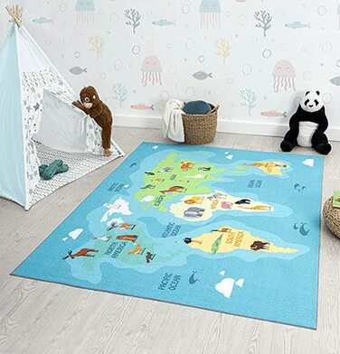 Дитячий килим щасливе життя, дитячий килим, килимок для ігор, що миється, Карта світу, Земля, Тварини, (240 х 340 см, синій)